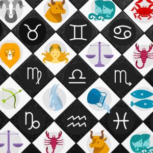 Rueda del zodiaco con los doce signos astrológicos sobre un fondo de estrellas