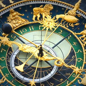 Reloj astronómico con el anillo del zodiaco y las fases lunares