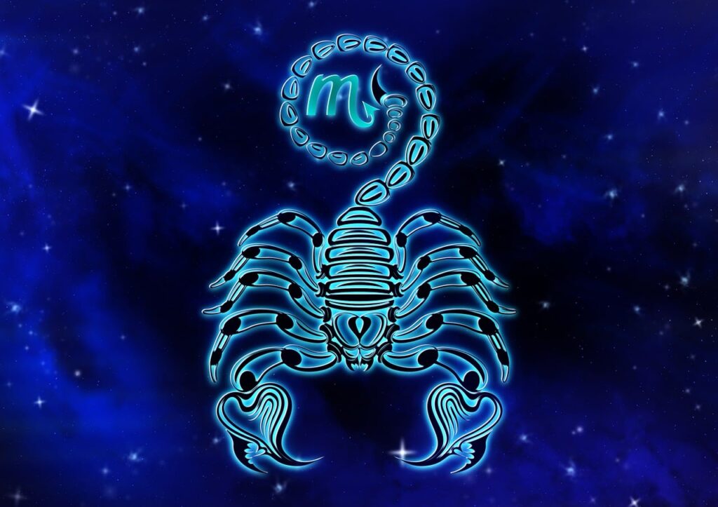 Ilustración del signo zodiacal Escorpio con su constelación en un cielo estrellado