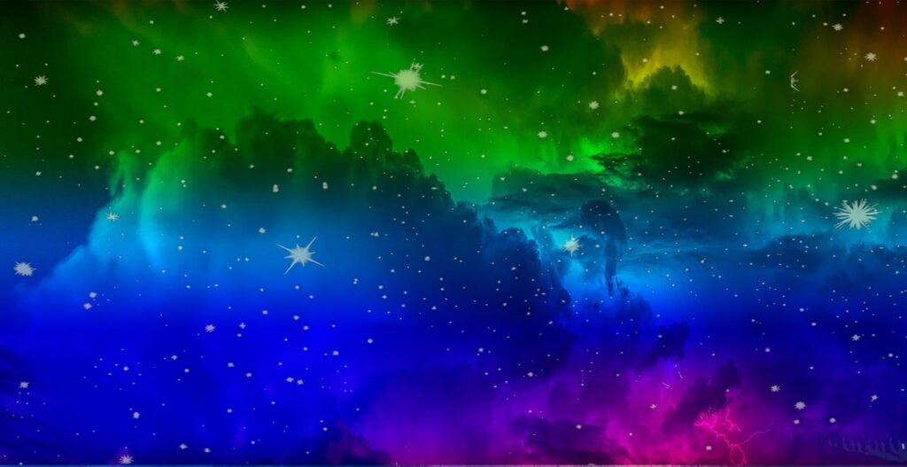 Ilustración de un cielo nocturno con estrellas y nebulosa de colores